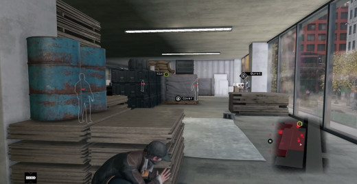 Aiden hides from guards while attempting to infiltrate a ctOS Center during the Backstage Pass Mission in Watch_Dogs.