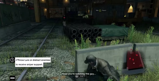 Aiden hides from foes in a train yard during the Not the Pizza Guy mission in Watch_Dogs.