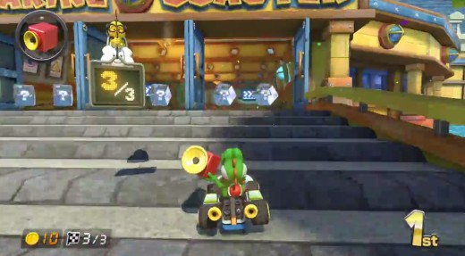 Sitting pretty in first place, Yoshi defends himself with a Music Box in Mario Kart 8.