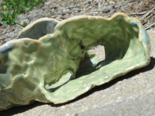 A third view, same piece. Half is glazed with celadon. Half with "G&S Blue."