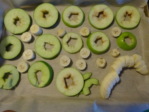 I like to cut my apples and bananas thicker than normal. I will cut them about half an inch thick. Just keep in mind the thicker you cut them the longer the time for dehydration.