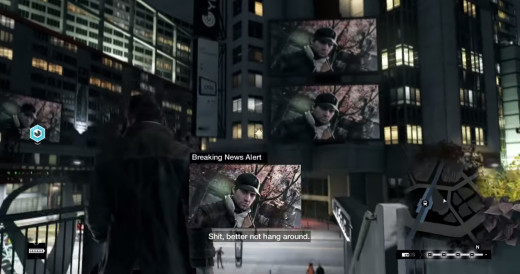 Aiden's picture is displayed to the public on some massive television screens during the In Plain Sight mission of Watch_Dogs, forcing our hacker hero to avoid just about everyone.