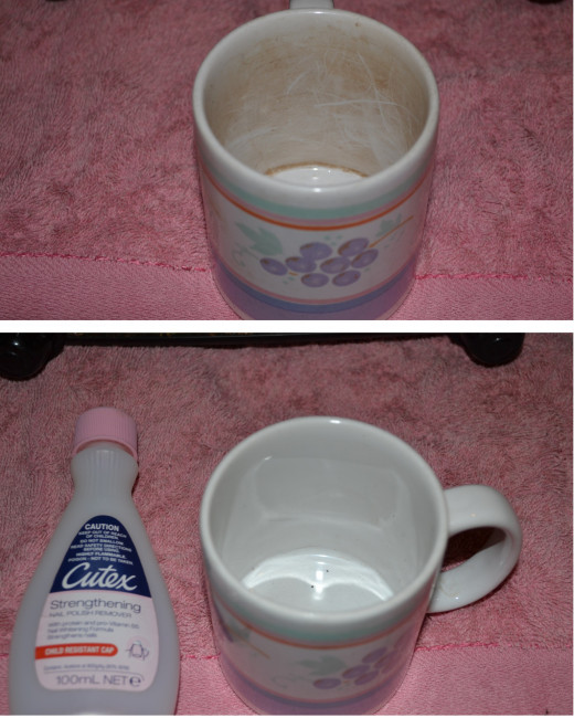 clean tea stains with a little bit of nail polish remover