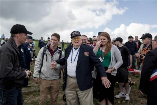 Herbert 'Andy' Anderson in Normandy with College of the Ozarks students Matt, left, and Alyssa.