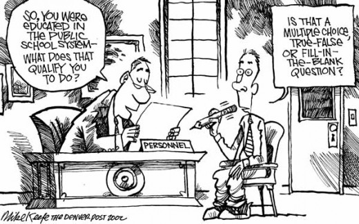 Denver Post cartoon satirizing the effect of standardized tests on public education.