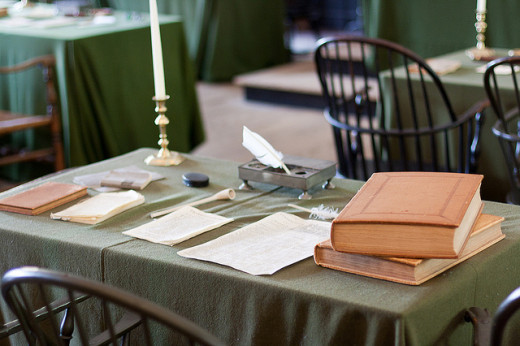Table with period artifacts in the Assembly Room of Independence Hall in Philadelphia, PA http://creativecommons.org/licenses/by/4.0/