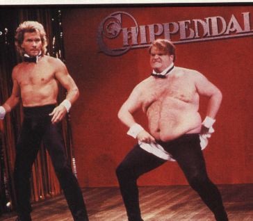 The unlikely pairing. Patrick Swayze and Chris Farley as Chippendales Dancers on SNL in 1991; 