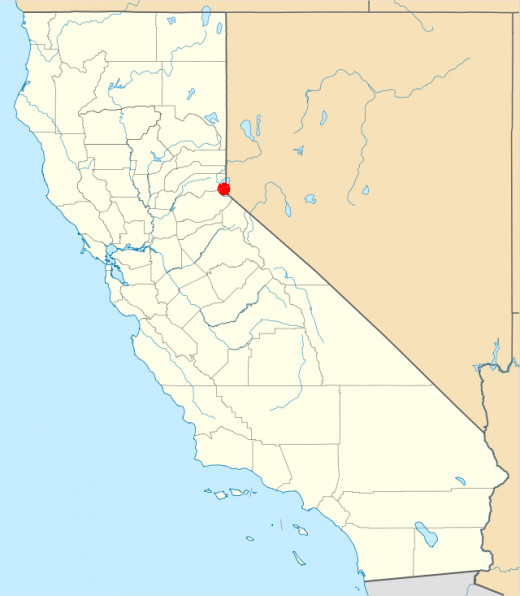 California (white) and Nevada (tan), USA. Location of Camp Richardson
