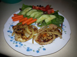 Pan seared Pork Chops with sauteed Onions and Salad