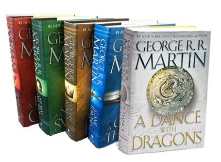 The books from A Song of Ice and Fire series by George R.R. Martin, well known for its reproduction as a TV series on HBO known as Game of Thrones.
