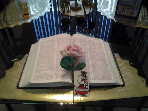 This was my Grandmother's bible that had notes writen to me.  My Aunt Irene, who was her care giver gave it to me when Mammaw died. The Badge was from when I worked at Cock Robin in Berwyn, Illinois.