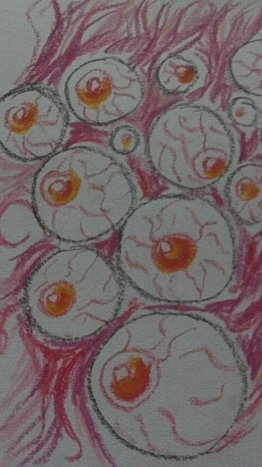 Lots of eyeballs which became a running theme in several other journal entries. Oil pastels