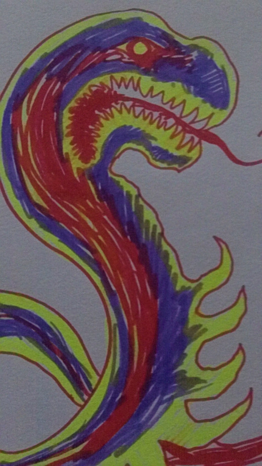 Crayola extreme markers drawing of a weird serpent creature.