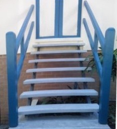 The set of concrete stairs on galvanized steel stringers have been finished, and I believe that they will last for 50 years maintenance free, I have fixed the old hand rail, as it could last for another 20 years and that will do me just fine.
