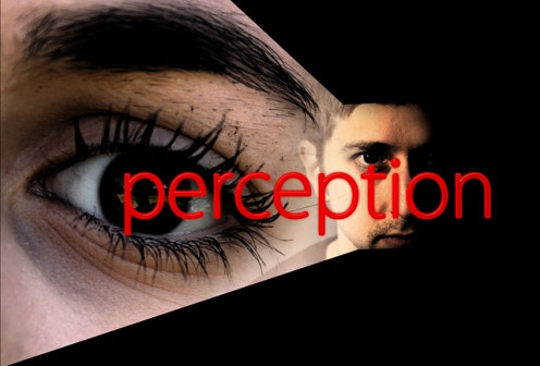 Image of a woman and a man with the word perception in red