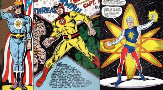 The different looks of the early Captain Atom, from Charlton Comics.