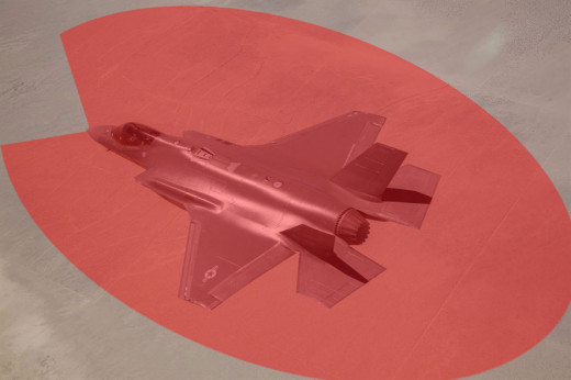 Since the F-35 has an exposed metallic engine nozzle at the rear, the F-35 is most stealthy when approaching head-on.  As such, the F-35 has a "Pac-Man" shaped radar cross section return.