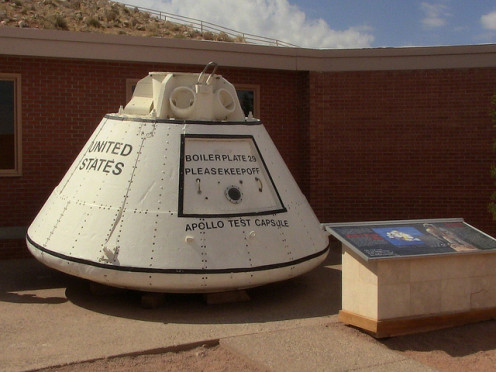 Trainees in the 1960s used this mock-up capsule at Goddard Flight Center's Meteor Crater, an analog site for the moon landing training. Today's capsules are larger and take 7 astronauts to the ISS.