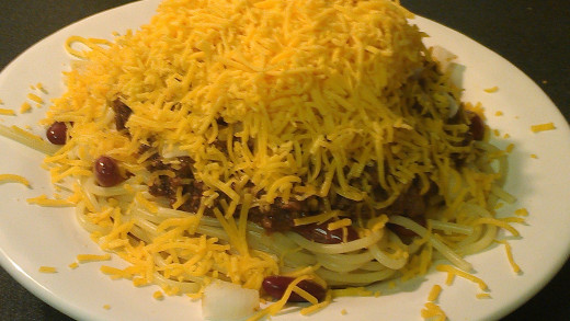 Traditionally served on top of spaghetti, then topped with onions, beans and copious amounts of cheese--this is Cincinnati Chili "5 Way"