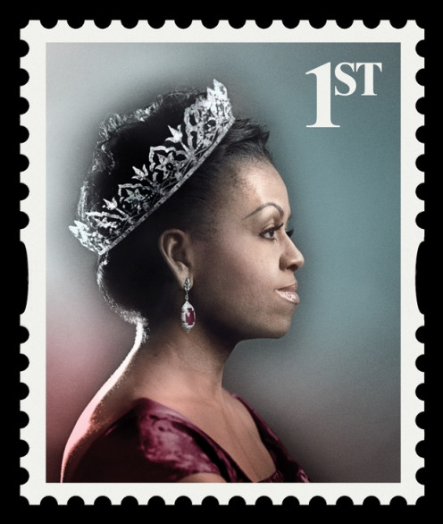 Michelle Obama as the Queen of Fashion on first class stamp as she is crowned "Best Dressed in the World"