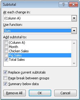 The Subtotal button's dialogue box showing the options available in Excel 2007 and Excel 2010.