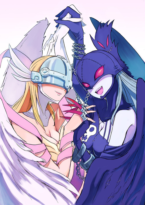 Angewomon's name is derived from "Angel Woman" and was confirmed as an Archangel-type Digimon because of the greatness it's abilities. Lady Devimon is a Fallen Angel-type digimon, it derives it's strength from the Darkside Power. 