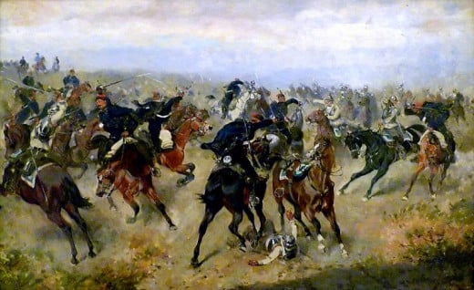 A skirmish between Austrian Hussars (white) and Prussian Cuirassiers (blue) at what turned out to be a decisive battle.