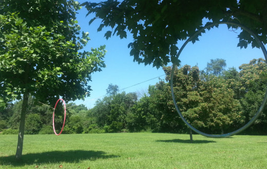 The three hoops tied between two trees.