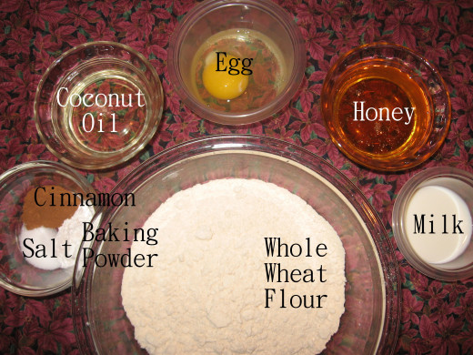 1. Gather the ingredients you'll need: Whole wheat flour, salt, baking powder, cinnamon, coconut oil, egg, honey, and milk.  Preheat oven to 375 degrees.  
