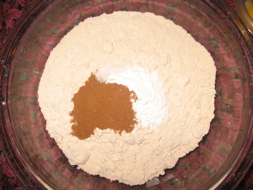 2. Mix the dry ingredients together in one bowl (flour, salt, baking powder, and cinnamon).  