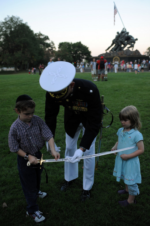 A U.S. Marine Corps officer displaying his Mameluke sword.