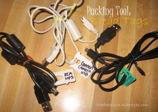 Your cords will stay organized while moving with bread tags.  Great to use on TV cables as well. 