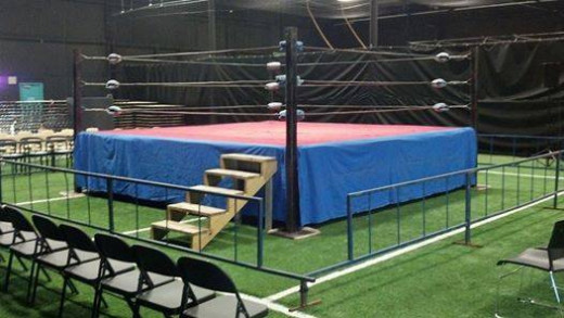 A professional wrestling ring set up for an independent pro wrestling event in North Carolina.
