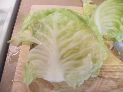 A cooked cabbage leaf that you can chop up and put into your mock cabbage rolls.