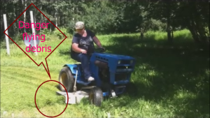 Rocks and other debris can be projected from the mowing deck and hurt people or damage other objects.