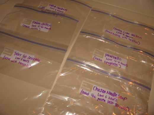 Step 1 & 2: Have all your recipes on one sheet of paper, then label the bags with a permanent marker.  