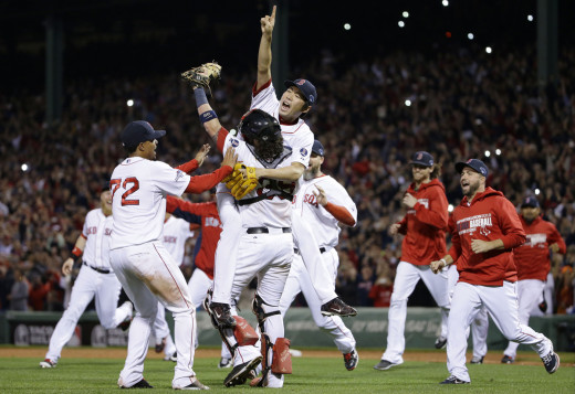 Koji Uehara and the Red Sox celebrate their 2013 World Series Championship