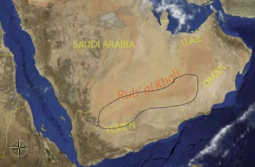Map of Rub-Al-Khali desert.The dark brown in the southern part is the area of  Al-Ahgaf