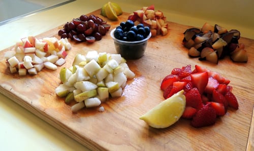 prep your fruits. Dice into 1 inch cubes (strawberries, but not berry-berries...or even Lionel Barry)