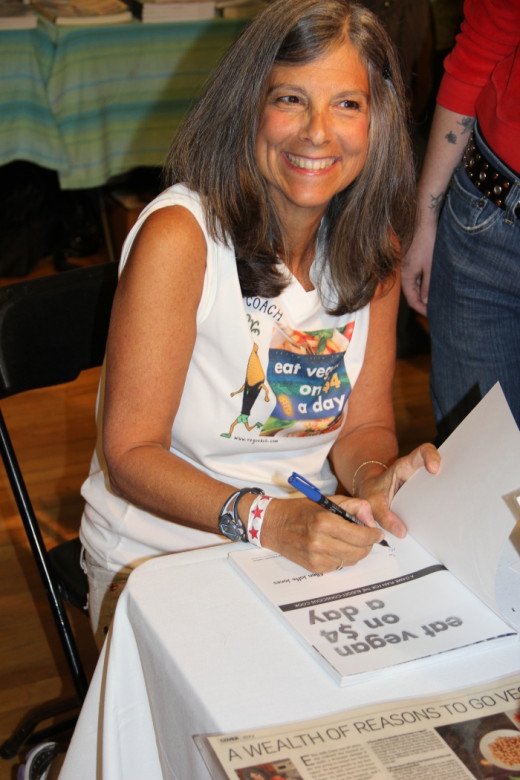 Ellen Jaffe Jones, author of Best-Selling "Eat Vegan on $4 a Day" signing books on Publisher's Book Tour at the Largest Food Festivals