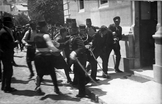 Soldiers arrest 19 year old Gavrilo Princip after the assassination of Archduke Franz Ferdinand and his wife, Sofia, in Sarajevo.
