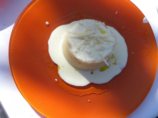 Divine - egg yolk inside mashed potatoe with white sauce and cheese