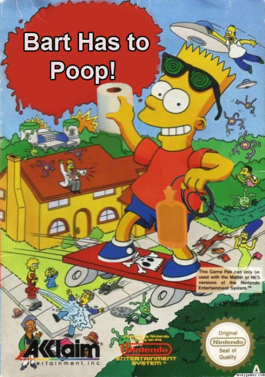 The original concept of the game involves Bart trying to find a bathroom. It made more sense than him spray painting purple objects in order to stop an alien invasion.