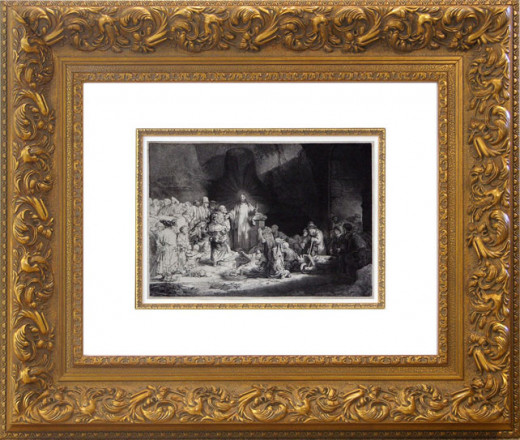 Museum-archival framing protects this 400 year old Rembrant etching, The Hundred Guilder Print.