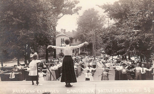 Breathing exercises at Battle Creek Sanitarium (c. 1900). Postcard of Battle Creek Sanitorium, Breathing Exercises, circa 1900