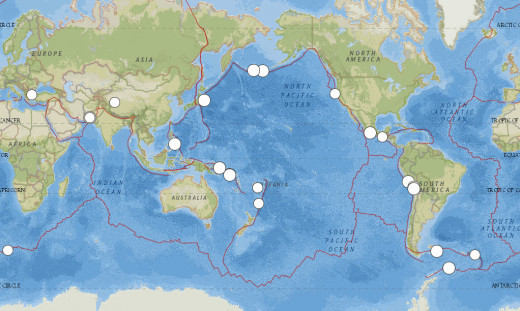 All 6.8 magnitude or larger seismic events for the year ending 7/31/14, as given by the USGS web site.