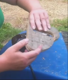 Put the first handle section on top of the second section and hold the two sections tightly together in your hand or with a clamp. Then proceed to drill through the holes in the first handle section into and through the second handle section.