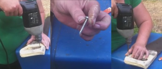 Drill a pilot hole for each of the three screws the diameter of the core of the wood screw.