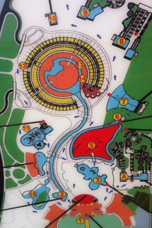 Water Park Map: 1.Entrance 2.Gondola 3.Swimming Pool 4.Niagra Tower Lockers 5.Food Court 6. Rafting River 7.Wave Pool 8.Atlas Tower 9.King Kong Tower 10.Shrek Tower 11.Doctor 12.Reception 13.SPA 14.Sunkiss Beauty Salon 15.Play Area 16.Swimming Pool