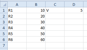 Spreadsheet with values for R1-R6 and V.